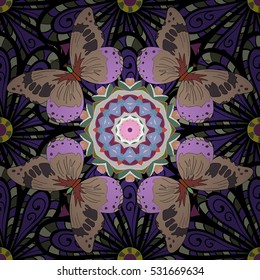 Floral seamless pattern. Dark blue flowers and butterflies, hand drawn, vector.