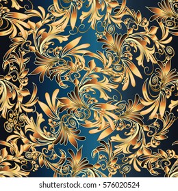 Floral seamless pattern. Dark blue  background with vintage  gold 3d flowers, leaves and antique gold damask ornaments. Luxury wallpaper. Vector surface texture for fabric, textile, curtains.