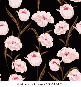  Floral seamless pattern. Dark botanical blooming  Motifs scattered random. Seamless vector texture. Printing with in hand drawn style in  black  background.