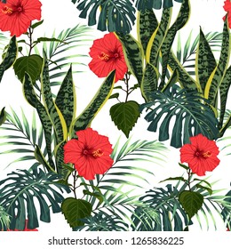 Floral seamless pattern, dark and bright green leaf and plant on white background, red hibiscus flowers and palm leaves.