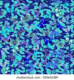 Floral seamless pattern. Dark and light blue flowers and butterflies, hand drawn, vector.