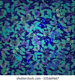 Floral seamless pattern. Dark and light blue flowers and butterflies, hand drawn, vector.