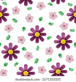 Floral seamless pattern with dark pink cosmo flowers, pink daisies and green leaves. Botany.