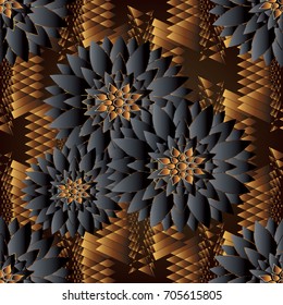 Floral seamless pattern. Dark tribal background wallpaper illustration with gold abstract 3d flowers, zigzags, shapes, figures and modern geometric ornaments. Vector endless surface texture for fabric