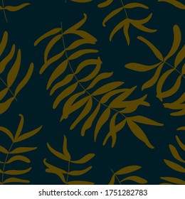 Patrón floral sin soldadura con hojas amarillas oscuras en fondo azul oscuro. Ilustración del vector