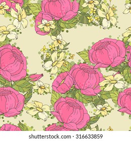 Floral Seamless Pattern Decoration. Textile or Print Design. Ornament of Pink Peonies  on Green Background.  Wrapping Or Digital Paper.