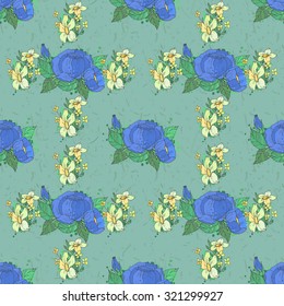 Floral Seamless Pattern Decoration. Textile or Print Design. Ornament of Blue and Yellow Wildflowers on Green Background. Flowers Backdrop. Wrapping Or Digital Paper.