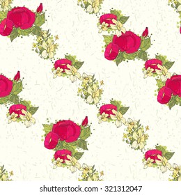 Floral Seamless Pattern Decoration. Textile or Print Design. Hand Drawn Ornament of Red Peonies on Light  Background. Sketchy Flowers Backdrop. Wrapping Or Digital Paper.