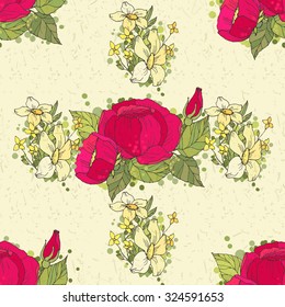 Floral Seamless Pattern Decoration. Textile or Print Design. Hand Drawn Ornament of Red Peonies on Light  Background. Sketchy Flowers Backdrop. Wrapping Or Digital Paper.