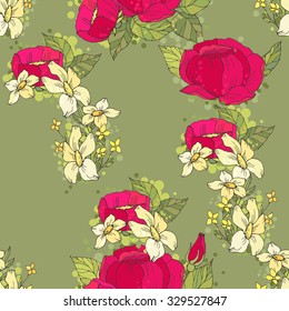 Floral Seamless Pattern Decoration. Textile or Print Design. Ornament of Red Peonies and White Wildflowers on Green Background. 