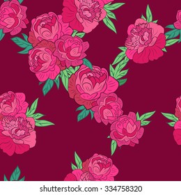 Floral Seamless Pattern Decoration. Textile or Print Design. Ornament of Pink Peonies on Purple Background.
