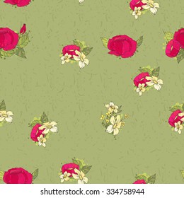 Floral Seamless Pattern Decoration. Textile or Print Design. Ornament of Red Peonies and White Wildflowers on Green Background.