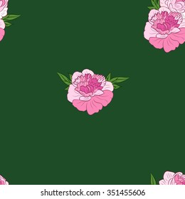 Floral Seamless Pattern Decoration. Textile or Print Design. Ornament of Pink Peonies  on Green Background. Wrapping Or Digital Paper.