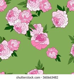 Floral Seamless Pattern Decoration. Textile or Print Design. Ornament of Pink Peonies  on Green Background. Wrapping Or Digital Paper.