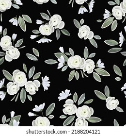 Floral seamless pattern with decorativ white ranunculus and  decorative leaves.Suitable for printing on fabric, textile, wrapping paper, decorative wallpaper, packaging, invitations.