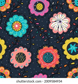 Floral seamless pattern. Decorative abstract doodle flowers and leaves. Repeat endless background doodle flowers. Vector illustration
