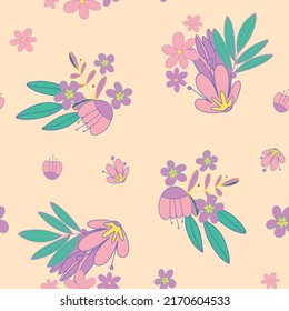 Floral seamless pattern for decorative design. Vector design. Vector fabric seamless pattern. Floral background in pink lilac colors. Garden botanical wallpaper.