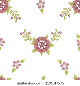 Floral seamless pattern. Decorative flower with branches, leaves and berries on white background. Vector illustration. Botanical pattern for decor, design, print, packaging, wallpaper and textile