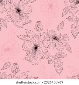 Floral seamless pattern with decorative flower on pink background. Vector Illustration. Aesthetic modern art linear hand drawn for wallpaper, design, textile, packaging, decor