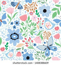 Floral seamless pattern with decorative flowers , plants and butterflies