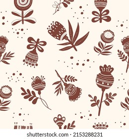 Floral seamless pattern. Decorative flowers on light background With decor. Vector illustration. Linear hand drawing for decor, design, print, packaging, wallpaper and textile