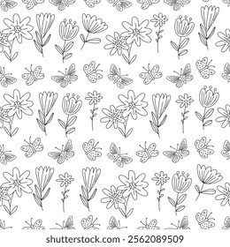 Floral seamless pattern with decorative flowers and butterflies. Vector illustration and lettering in doodle hand drawn style, black outline. Great for coloring, wrapping paper. Summer or spring theme