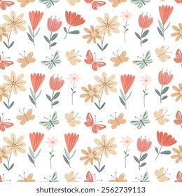 Floral seamless pattern with decorative flowers and butterflies on white background. Vector illustration in hand drawn flat style, pastel colors for wrapping paper, textile. Summer and springtime.