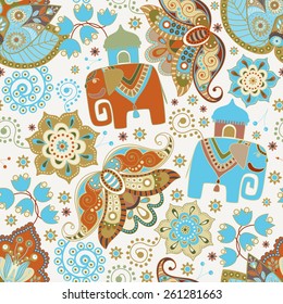 Floral seamless pattern with decorative flowers and elephants