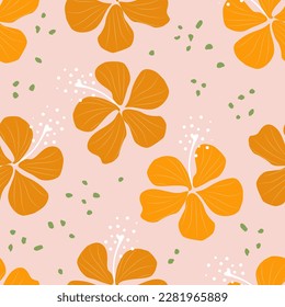 Floral seamless pattern. Decorative hand drawn tropical hibiscus flowers. Cute yellow hibiscus flower on pink background for print, textile, fabric. Vector.