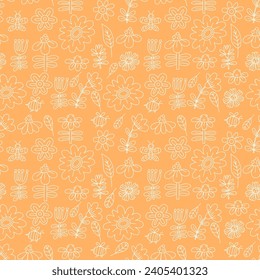 Floral seamless pattern. Decorative linear flowers, butterflies and bees on orange background. Vector Illustration in style hand drawn for wallpaper, design, textile, packaging