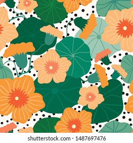 Floral seamless pattern with decorative orange flowers (nasturtium) and leaves