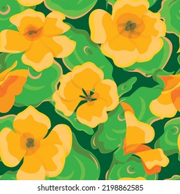 Floral seamless pattern with decorative orange flowers (nasturtium) and leaves