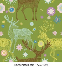 Floral seamless pattern with deers