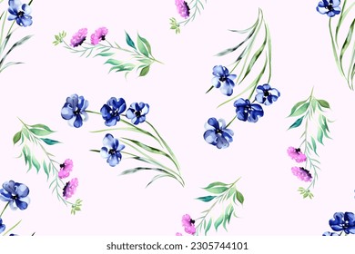 Floral seamless pattern with delicate blue and pink flowers, plants and leaves, watercolor illustration on white background, print for textile or wallpapers, meadow texture.