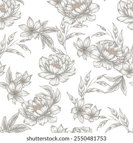 Floral seamless pattern of delicate and charming peonies and leaves with a vintage aesthetic in shades of soft brown on a white background