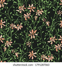 Patrón floral sin foco con flores delgadas. Ornamento para la camiseta de fondo de escritorio de Swimwear. Patrón retro para envolver papel. Flores sin vectores. Colorida Moderna Rapport.