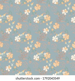 Floral Seamless Pattern with Delicate Flowers. Big Elements for Print, Textile, Linen, Wallpaper. Pretty Pattern for Wrapping Paper. Vector Wild Flowers. Colorful Modern Rapport.