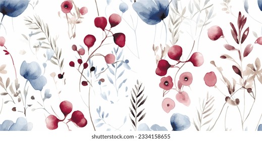 Patrón floral sin fisuras con flores delicadas, ramas y plantas, acuarela ilustraciones de color azul y burdeos para tejidos o fondos de pared sobre fondo blanco. Vector de stock