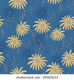 Floral seamless pattern with delicate flowers, hand-drawing. Vector illustration. Daisy Themed Repeating Pattern. Beige on blue.