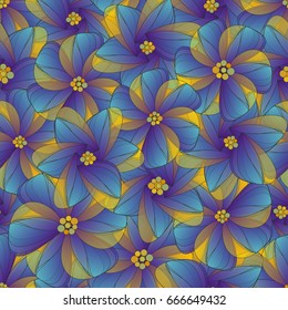 Floral seamless pattern with delicate geometric flowers. Blue, violet, yellow colors, halftones. Watercolor effect. 