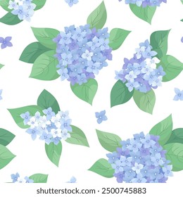 Floral seamless pattern with delicate inflorescences hydrangea. Light blue color hortensia illustration repeatable background for textile, wallpaper or wrapping paper in vintage style, print