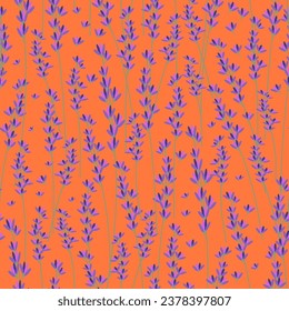 Floral seamless pattern depicting small purple wildflowers on long green stems on an orange background