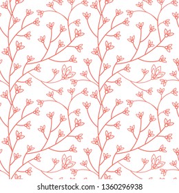Floral seamless pattern design. Branch with small flowers and leaves. Hand drawn doodle flowers. Trendy 2019 color palette living coral. Vector illustration.