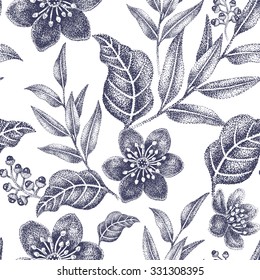 Floral seamless pattern. Design for fabrics, textiles, wallpaper, paper. Vector. Victorian style. Black and white.