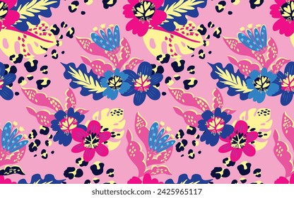 Floral seamless pattern design for fashion textiles, clothes, wrapping paper. Blossom pink backgrounds with leopard spots, leaves. Flowers ornament