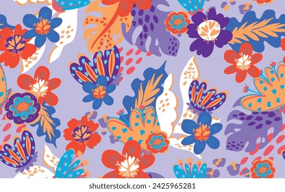 Floral seamless pattern design for fashion textiles, clothes, wrapping paper. Blossom backgrounds with leopard spots, leaves. Flowers ornament