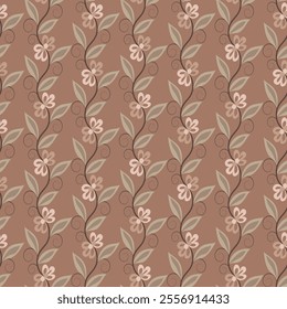 Floral seamless pattern design featuring climbing flowers. Allover print surface design of Flowering Vines. Wild blossom of climbing plants on coffee brown background.