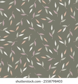 Floral seamless pattern design featuring multicolor abstract leaves. Allover print foliage leafy texture on sage green background. 