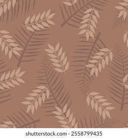 Floral seamless pattern design featuring monochromatic tropical areca palm leaves. Allover print foliage texture on coffee mocha color background. 