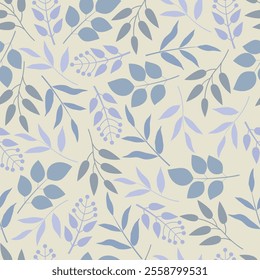 Floral seamless pattern design featuring monochromatic blue colored leaves. Allover print foliage texture on beige background. 